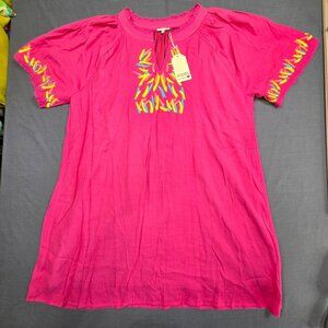 Jodifl Womens Pink Boho Embroidered 3X Tunic Dress V Neck